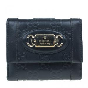 Pre Owned Gucci Black Monogram Leather Compact Wallet