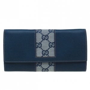 Pre Owned Gucci Blue Leather and GG Canvas Wallet