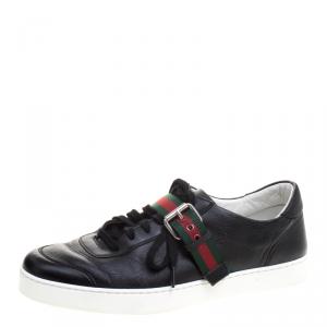 Gucci Black Leather Saville Web Detail Buckle Sneakers Size 44.5
