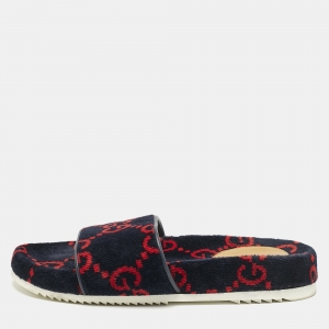 Gucci Navy Blue/Red GG Velvet Flat Slide Sandals Size 41