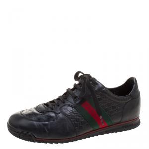 Gucci Black Guccissima Leather Web Detail Lace Up Sneakers Size 43