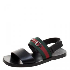 Gucci Black Leather Horsebit Web Sandals Size 45.5