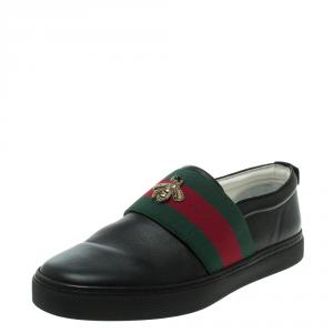 Gucci Black Leather Web and Bee Slip On Sneakers Size 41.5