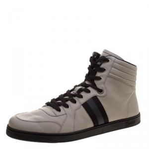 Gucci Grey Leather Web Detail High Top Sneakers Size 48.5
