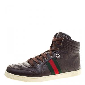 Gucci Brown Guccissima Leather Web Detail High Top Sneakers Size 44