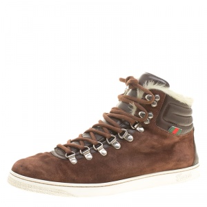 Gucci Brown Suede with Fur Trim High Top Sneakers Size 42