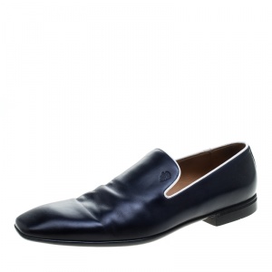 Gucci Navy Blue Leather Crest Logo Loafers Size 41.5