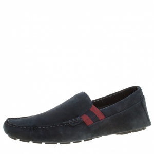 Gucci Navy Blue Suede Web Detail Loafers Size 44