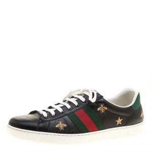 Gucci Black Leather Ace Bees and Stars Embroidered Low Top Sneakers Size 45.5