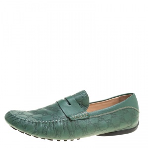 Gucci Green Guccissima Leather Driver Moccasins Size 45.5