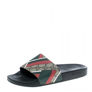 Gucci Beige Web Print GG Supreme Canvas Flat Slide Sandals Size 40
