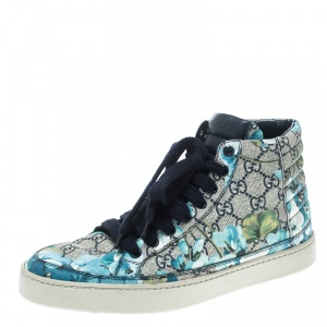 Gucci Beige and Blue Blooms Printed GG Canvas High Top Sneakers Size 41
