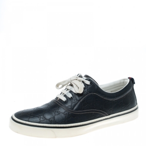 Pre Owned Gucci Navy Blue Guccissima Leather Skippy Low Top Sneakers Size 43.5