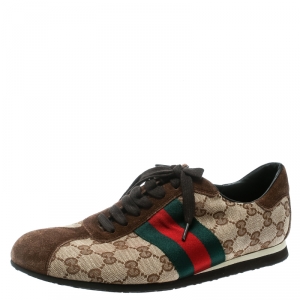 Gucci Beige GG Canvas and Brown Suede Web Detail Sneakers Size 40.5