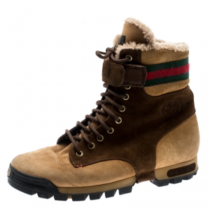 Gucci Beige/Brown Suede Lace Up Shearling Lined Combat Boots Size 42