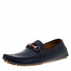 Gucci Blue Leather Web Horsebit Detail Slip On Loafer Size 42 