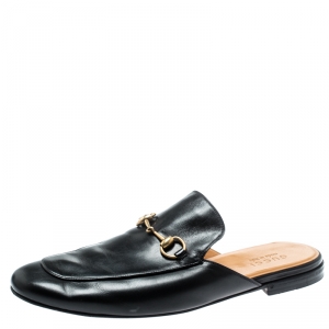 Gucci Black Leather Princetown Mules Loafers Size 44