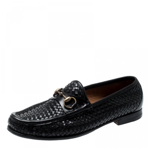 Gucci Black Woven Leather Hannover Horsebit Loafers Size 40