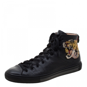 Gucci Black Leather Tiger Patch High Top Sneakers Size 42