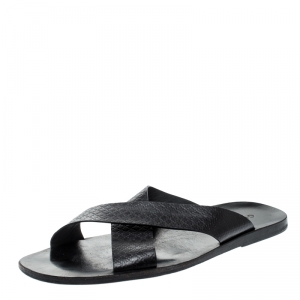 Gucci Black GG Diamante Leather Cross Strap Flat Slides Size 45