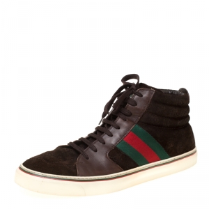 Gucci Brown GG Suede And Leather Web Detail High Top Sneakers Size 44