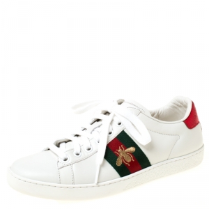 Gucci White Leather Ace Embroidered Bee Low Top Sneakers Size 36