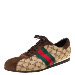 Gucci Beige/Brown GG Canvas and Suede Classic Web Lace Up Sneakers Size 45.5