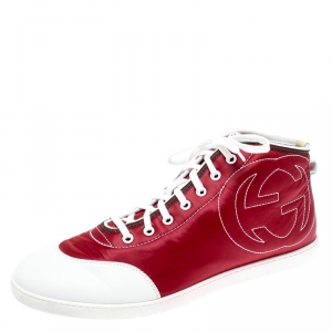 Gucci Red Nylon Fabric And White Leather High Top Sneakers Size 43