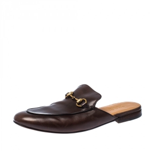 Gucci Brown Leather Horsebit Slip On Slippers Size 42