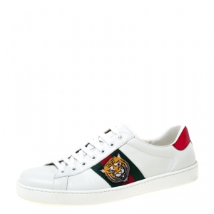 Gucci White Leather Ace Embroidered Tiger Low Top Sneakers Size 42