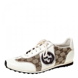 Gucci White Leather And Beige Guccissima Canvas Interlocking GG Sneakers Size 43.5