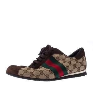 Gucci Beige/Brown GG Canvas And Suede Web Low Top Sneakers Size 43
