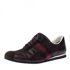 Gucci Brown GG Leather And Suede Web Low Top Sneakers Size 42.5