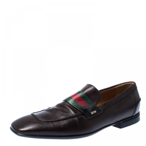 Gucci Brown Leather Web Slip On Loafers Size 41