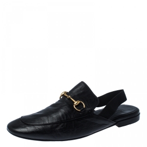Gucci Black Horsebit Leather Princetown Slingback Mules Size 45