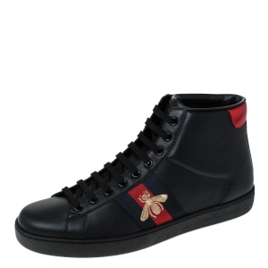 Gucci Black Leather Ace Web Bee High Top Lace Up Sneakers Size 41.5