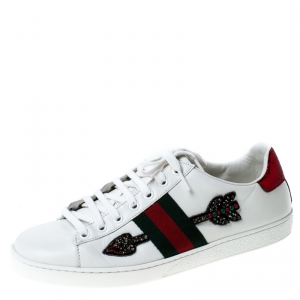 Pre Owned Gucci White Arrow Embellished Leather Ace Low Top Sneakers Size 38.5