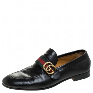 Gucci Black Leather GG Web Slip On Loafers Size 42.5