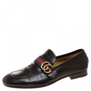 Pre Owned Gucci Brown Leather GG Marmont Web Slip On Loafers Size 42.5
