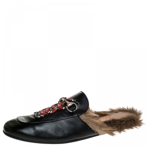 Gucci Black Snake Embroidered Leather and Fur Lined Princetown Mules Size 44