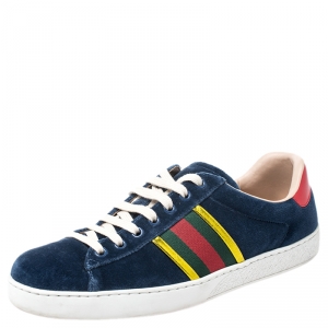 Gucci Blue Velvet And Red/Green Foil Leather Web Detail Ace Sneakers Size 41