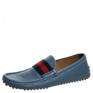 Gucci Blue Leather Web Trim Loafers Size 41