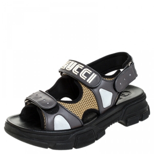 Gucci Grey Leather And Beige Mesh Logo Applique Double Strap Sandals Size 41