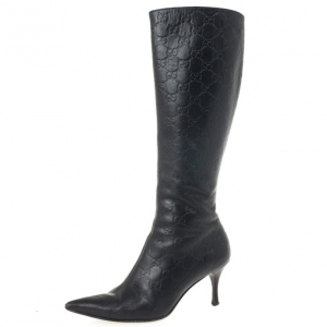 مملوكة مسبقًا Gucci Guccissima Black Leather Pointed Toe Knee Length Boots Size 37.5