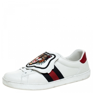 Gucci White Leather, Python Trim And Web Detail Lion Patch Ace Low Top Sneakers Size 43