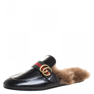 Gucci Black Leather And Fur Princetown Web GG Marmont Loafer Slides Size 41
