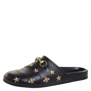 Gucci Black Star And Bee Embroidered Leather River Princetown Slippers Size 41.5