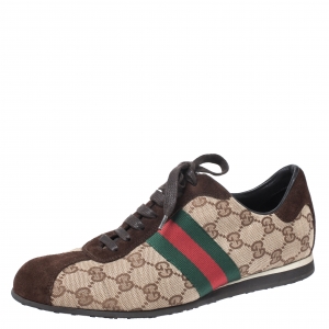 Gucci Beige/Brown GG Canvas and Suede Web Low Top Sneakers Size 38.5