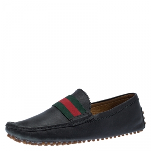 Gucci Black Leather Web Detail Loafers Size 41