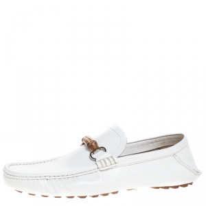 Gucci White Leather Bamboo Horsebit Collapsible Heel Loafer Size 44.5